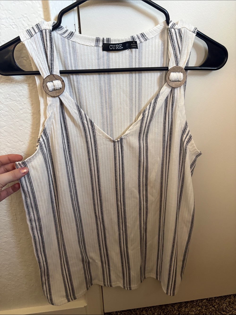 CURE Striped White & Navy Ring-Shoulder Tank